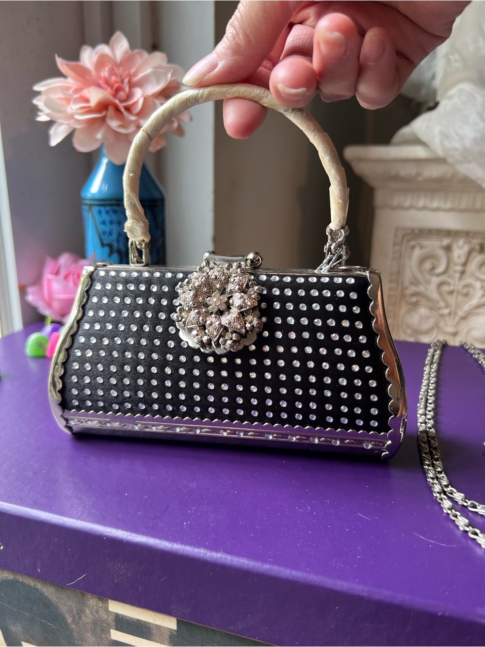 Satin Black Crystal-Studded Evening Clutch still in new wrapping